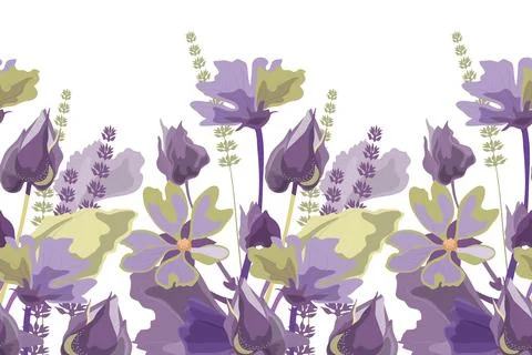 Vector floral seamless pattern, border. Horizontal panoramic design with mallows 스톡 일러스트