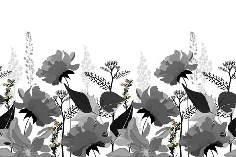Vector floral seamless pattern, border. Horizontal panoramic design in gray Illustrazione stock