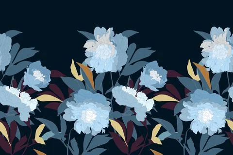 Vector floral seamless pattern, border. Horizontal panoramic design with blue Illustrazione stock