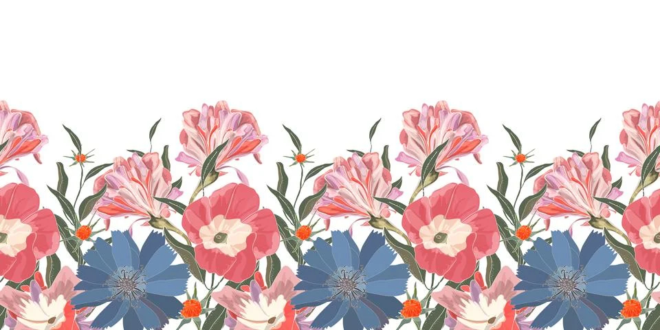 Vector floral seamless pattern, botder with cute blue and pink flowers. イラスト素材