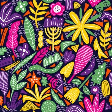 Vector floral seamless pattern brifht neon colors. Flat flowers, petals, leaves Stock Illustration