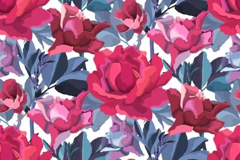 Vector floral seamless pattern. Burgundy garden roses. Stock Illustration