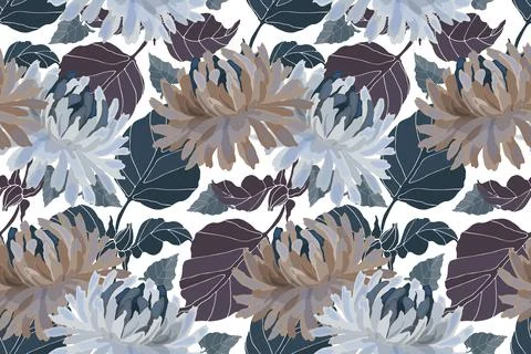Vector floral seamless pattern. Chrysanthemum flowers with green and brown twigs Stock Illustration