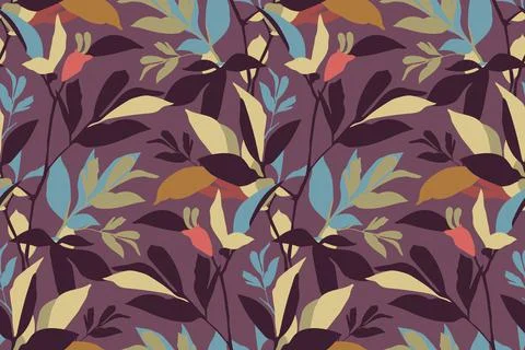 Vector floral seamless pattern. Colorful leaves on a purple Stock Illustration