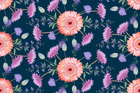 Vector floral seamless pattern. Colorful autumn asters, sage, golden-daisy Stock Illustration