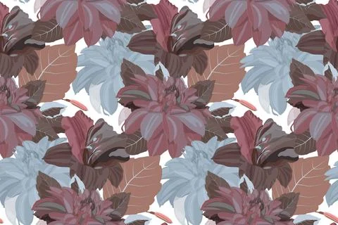 Vector floral seamless pattern. Dahlias and lilies in navi blue, chocolate and Stock Illustration