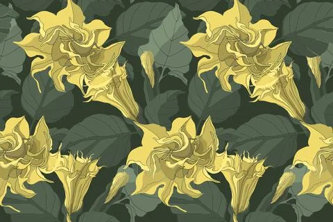 Vector floral seamless pattern. Datura yellow flowers with buds and green leaves Stock Illustration