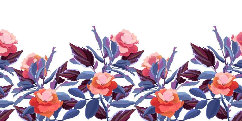 Vector floral seamless pattern, decorative border. Red garden flowers, blue Stock Illustration