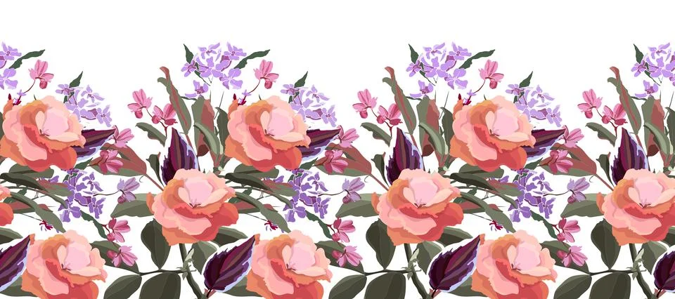 Vector floral seamless pattern, decorative border. Vector flowers with leaves Illustrazione stock