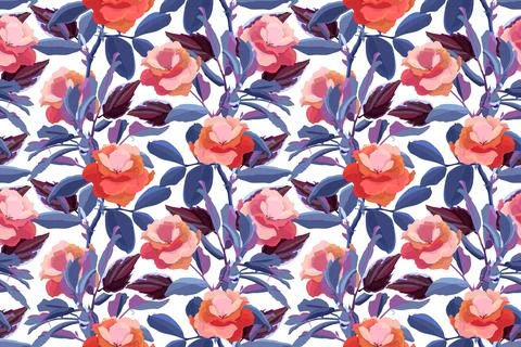 Vector floral seamless pattern, decorative backdrop. Red garden flowers, blue Stock Illustration