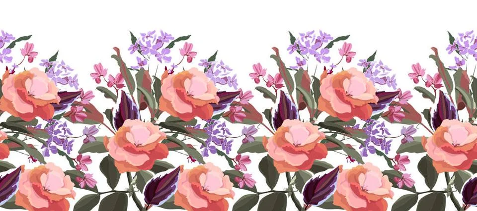 Vector floral seamless pattern, decorative border. Vector flowers with lea... Stock Photos