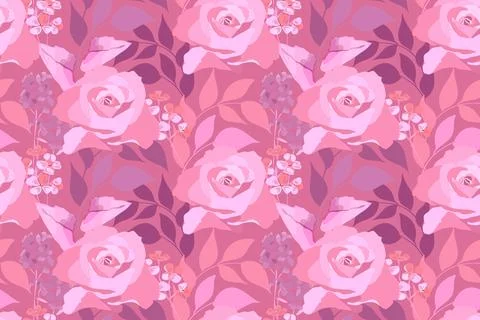 Vector floral seamless pattern. Delicate pink roses, purple leaves. 스톡 일러스트