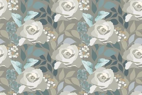 Vector floral seamless pattern. Delicate roses, blue leaves isolated on a brown Stock Illustration
