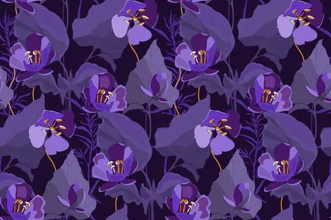 Vector floral seamless pattern. Design with flowers and leaves in purple tones. Stock Illustration