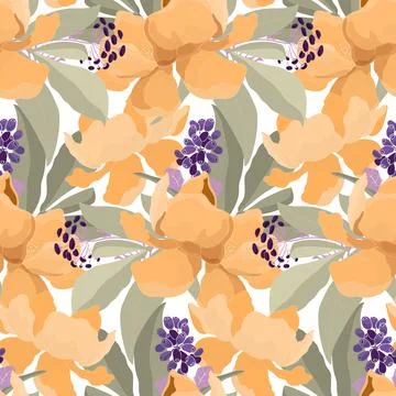 Vector floral seamless pattern. Design with large yellow-orange flowers isolated Stock Illustration