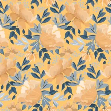 Vector floral seamless pattern. Design with yellow-orange flowers and green Stock Illustration