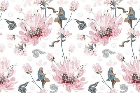 Vector floral seamless pattern. Design with delicate white-pink flowers on a Stock Illustration