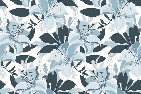 Vector floral seamless pattern. Design with blue lily flowers and leaves Stock Illustration