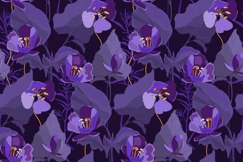 Vector floral seamless pattern. Design with flowers and leaves in purple t... Stock Photos