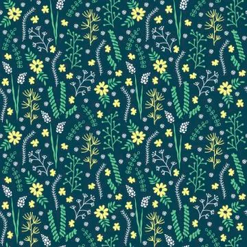 Vector floral seamless pattern with doodle herbs and flowers. Four colors. Stock Illustration