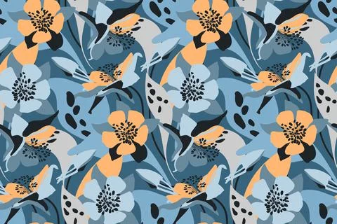 Vector floral seamless pattern. Flower background. Orange, blue flowers. Stock Illustration