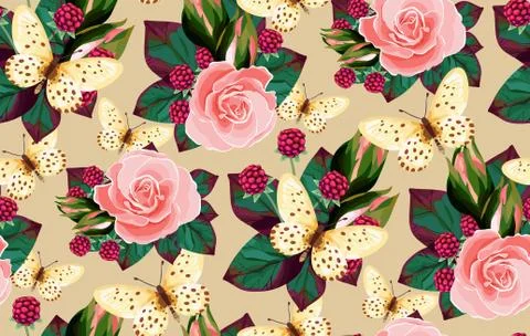 Vector floral  seamless pattern flowers and butterflies Illustrazione stock