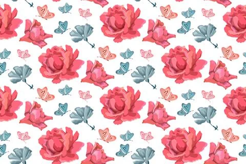 Vector floral seamless pattern. Flowers background with pink roses Stock Illustration