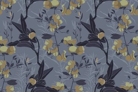Vector floral seamless pattern. Flowers and herbs of gray, olive, bronze and Stock Illustration