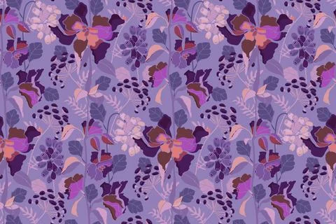 Vector floral seamless pattern. Flowers, herbs and berries on a purple Stock Illustration
