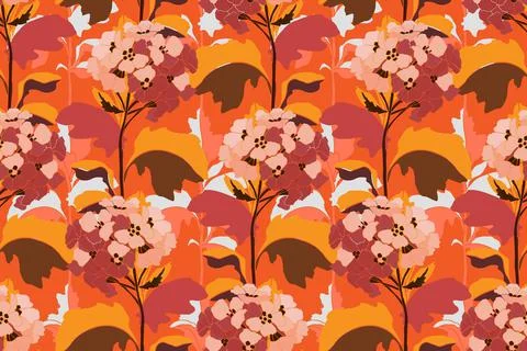 Vector floral seamless pattern. Flowers with twigs and leaves in red and orange Stock Illustration