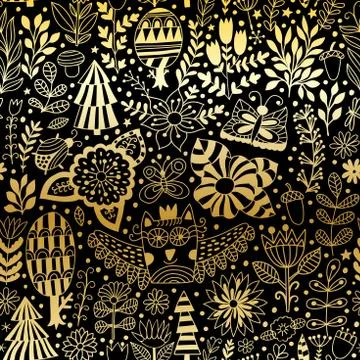 Vector floral seamless pattern with forest Stock Illustration