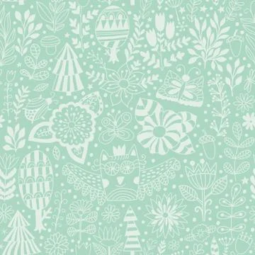 Vector floral seamless pattern with forest, owl, trees. Illustrazione stock