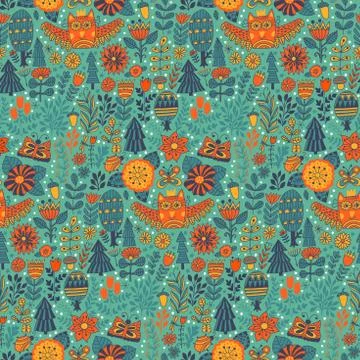 Vector floral seamless pattern with forest, owl, trees. Illustrazione stock
