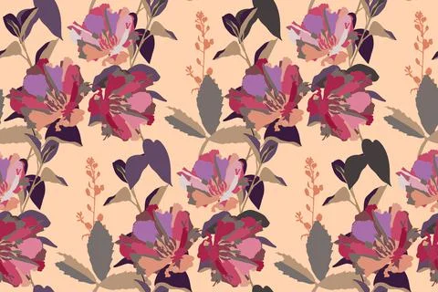 Vector floral seamless pattern. Garden flowers on a beige background. Stock Illustration