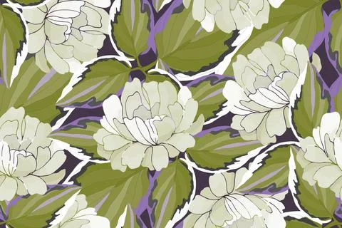 Vector floral seamless pattern. Garden flowers, leaves isolated on a purple Stock Illustration