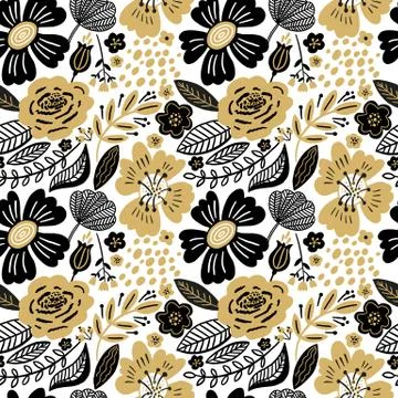 Vector floral seamless pattern gold and black colors. Flat flowers, petals Stock Illustration