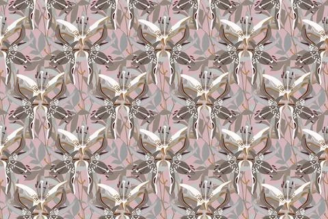 Vector floral seamless pattern. Gray and white lilies on a pale pink background. Stock Illustration