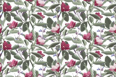 Vector floral seamless pattern. Green foliage, purple sage, pink and maroon Stock Illustration