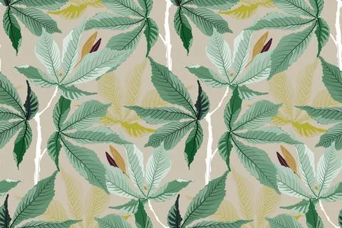 Vector floral seamless pattern. Green leaves on a beige background. Stock Illustration