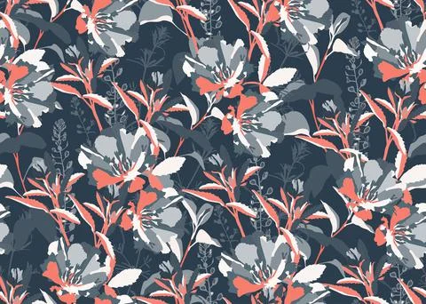 Vector floral seamless pattern. Grey, coral color flowers and leaves Stock Illustration