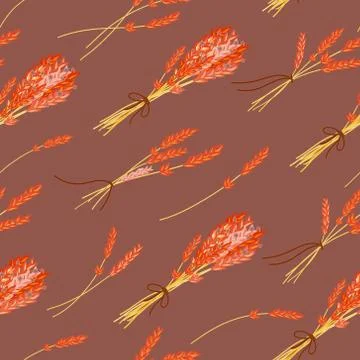 Vector floral seamless pattern with hand drawn herbs. Orange herbs on brown Stock Illustration