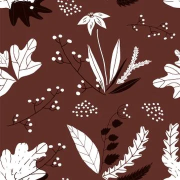 Vector floral seamless pattern in hand drawn style. Leaves and flowers Stock Illustration