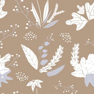 Vector floral seamless pattern in hand drawn style. Leaves and flowers Stock Illustration