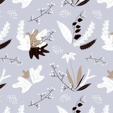 Vector floral seamless pattern in hand drawn style. Leaves and flowers Stock Illustration