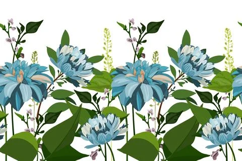 Vector floral seamless pattern, horizontal border. Blue flowers, green leaves Stock Illustration