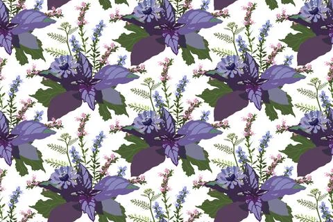 Vector floral seamless pattern. Illustration with zinnias and herbs on a white Stock Illustration