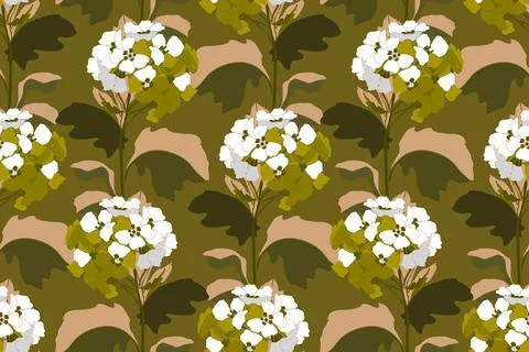 Vector floral seamless pattern. Inflorescences of white flowers with beige Stock Illustration