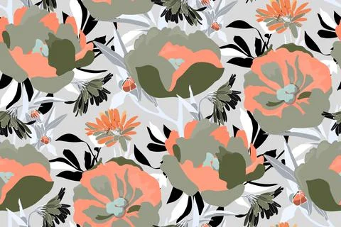 Vector floral seamless pattern. Khaki and coral colored flowers isolated on a Stock Illustration
