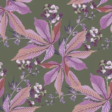 Vector floral seamless pattern with leaves and small flowers on a khaki colored Stock Illustration