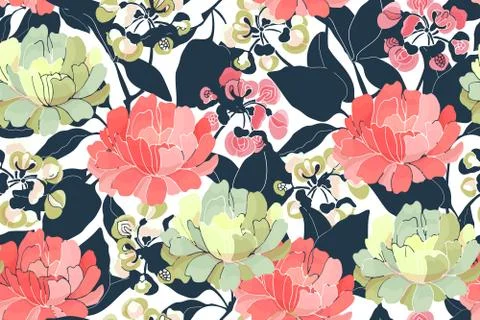 Vector floral seamless pattern. Light red and yellow flowers. Stock Illustration